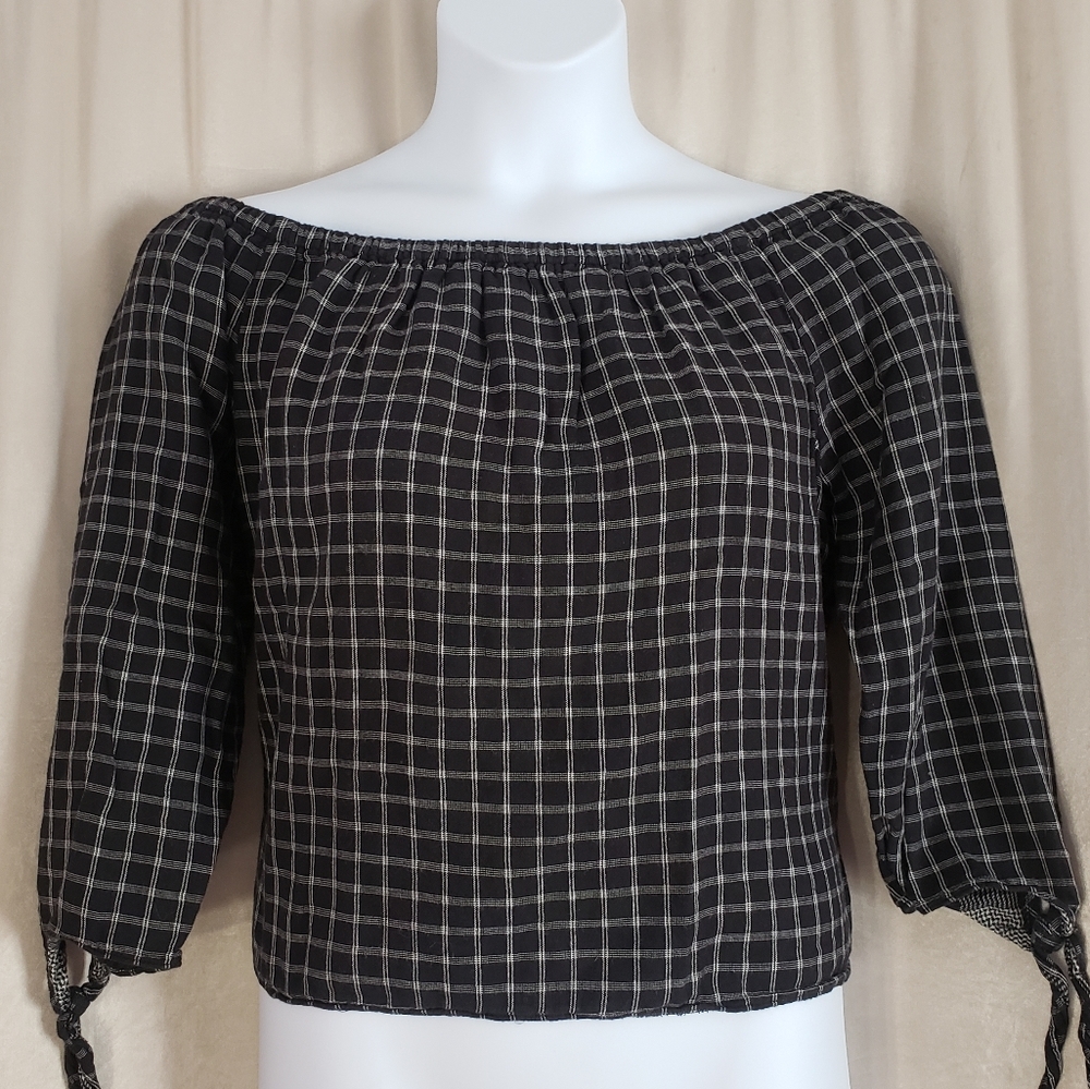 NWOT Madewell black checked off the shoulder flannel crop top Womens Lar… - Picture 2 of 6